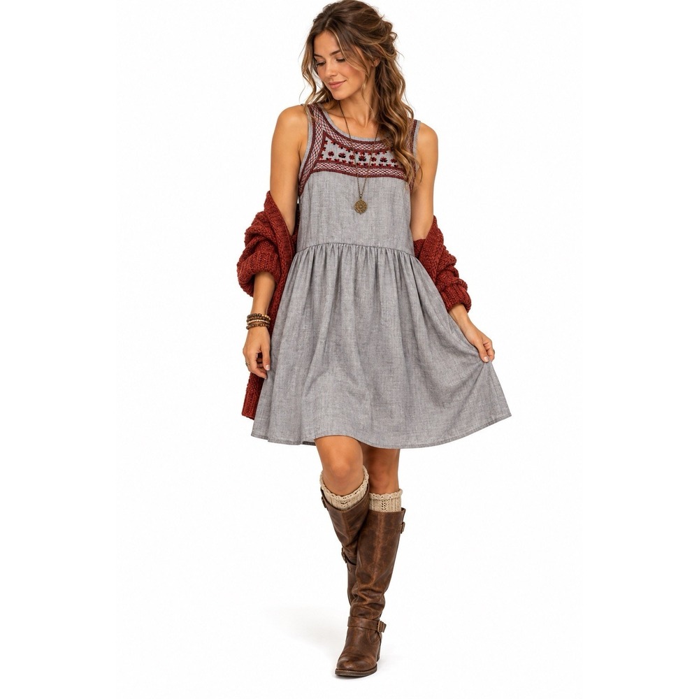 Old Navy Embroidered Babydoll Dress M Gray Cottagecore Lagenlook Boho Festival